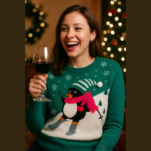 Women's Large Ugly Christmas Sweater Penguin Skiing Green